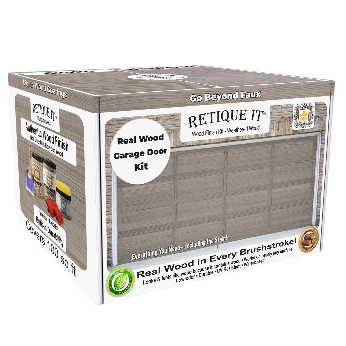 Retique It® Wood'n Door Kit for garage doors in weathered wood stain, featuring a 3D box design and stain application.