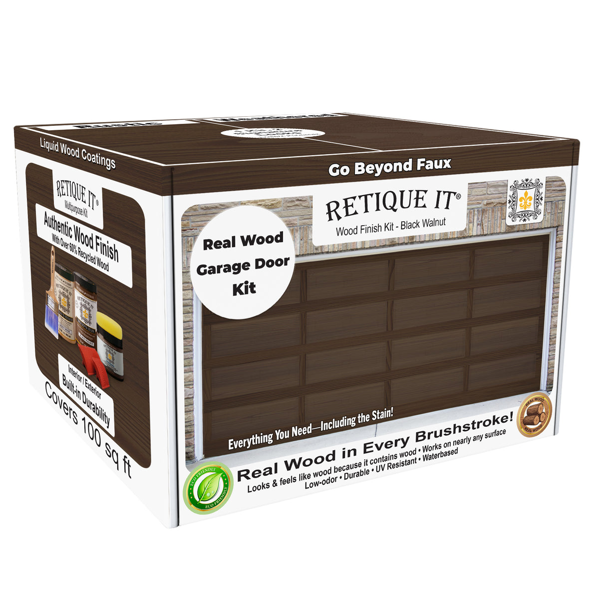 Retique It® Wood'n Door Kit stain in Black Walnut for garage doors, featuring a 3D box with wood stain swatches and application tools.