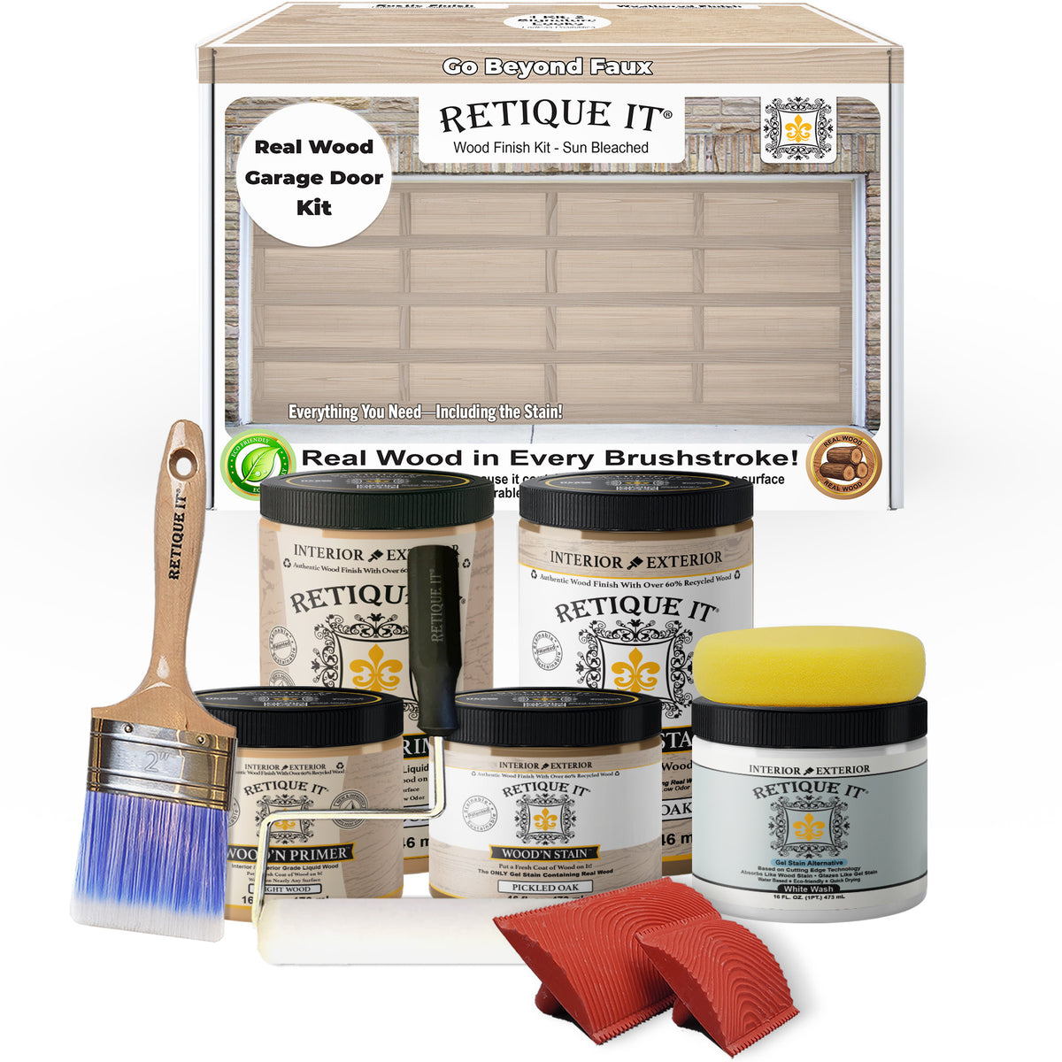 Retique It® Wood'n Door Kit for garage doors in sun-bleached finish, showing wood grain texture and application tools.