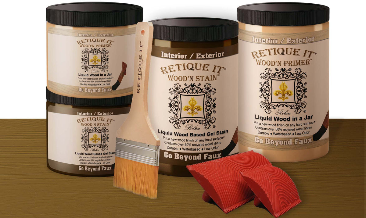 Retique It® Wood'n Door Kit for garage doors in dark pecan stain, showing wood grain finish and stain application on a garage door.