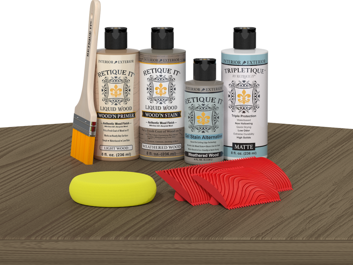 Retique It® Wood'n Finish Kit in Weathered Wood stain, showing a tabletop with weathered wood finish and stain application.