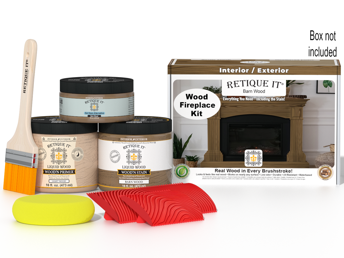 Retique It® Fireplace Wood'n Finish Kit in Modern Walnut, stain set for full fireplace, shown with wooden tools and sample wood finish.