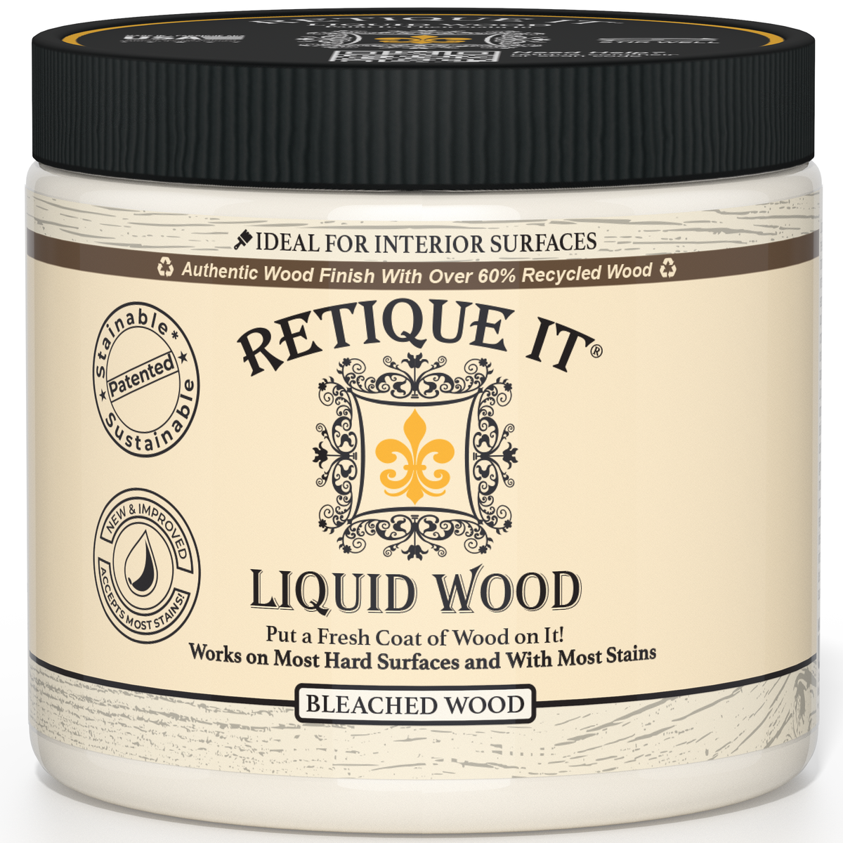 Retique It Liquid Wood Bleached interior paint applied on wood surface, showcasing smooth finish and natural grain detail.