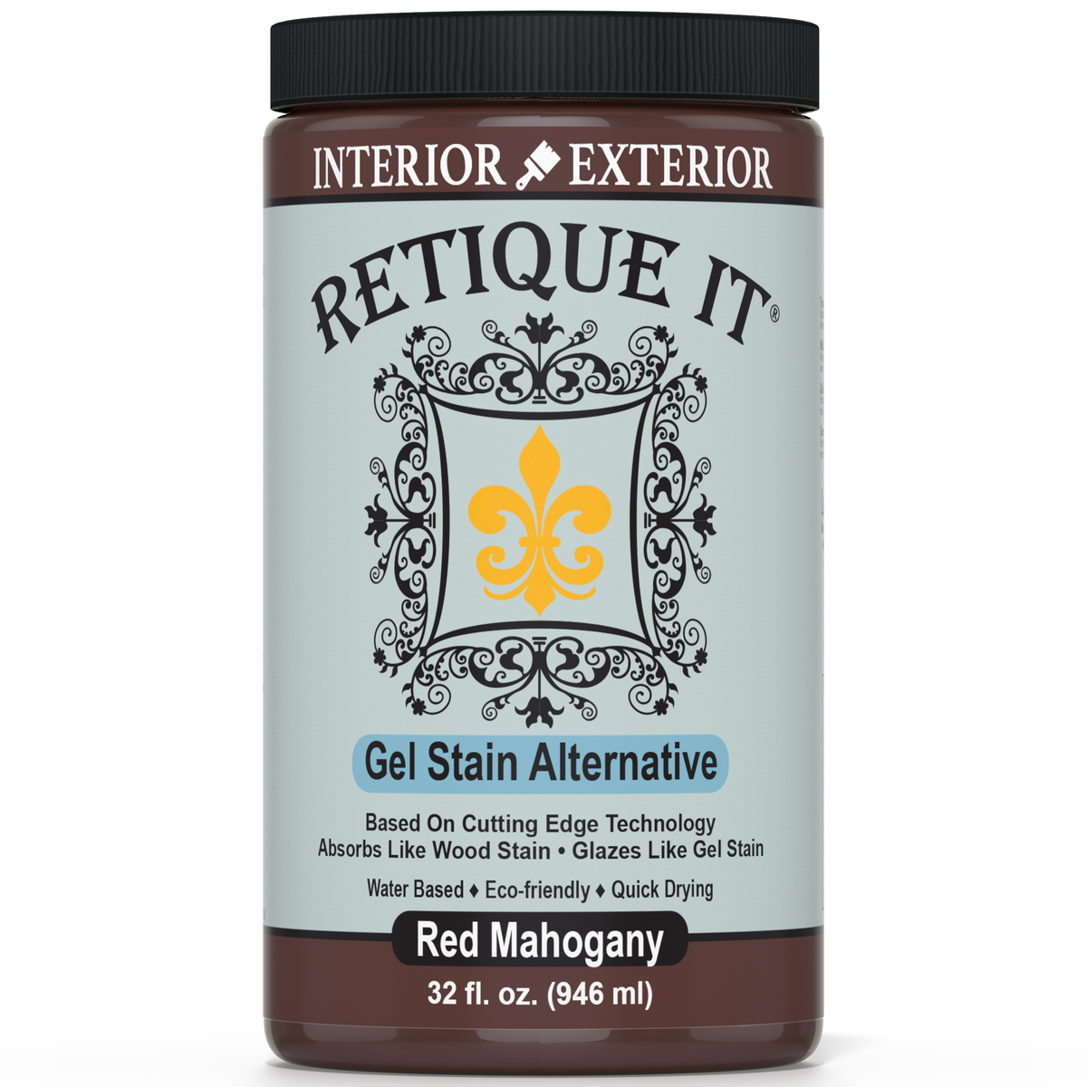 Retique It Gel Stain in Red Mahogany showing a smooth, glossy wood finish sample with rich red-brown color.
