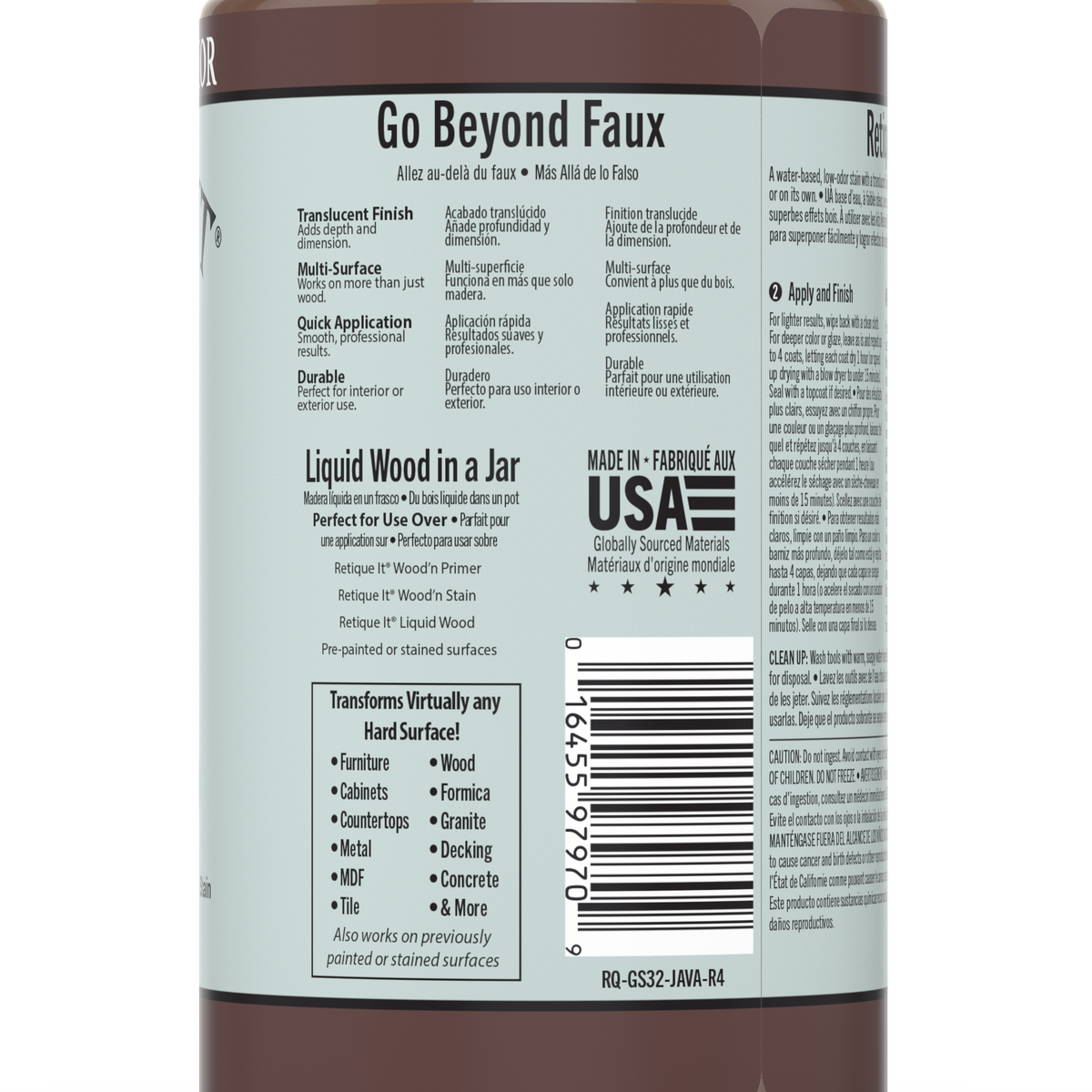 Retique It Java gel stain applied to wood surface, showcasing deep brown color and smooth finish for furniture or cabinetry.