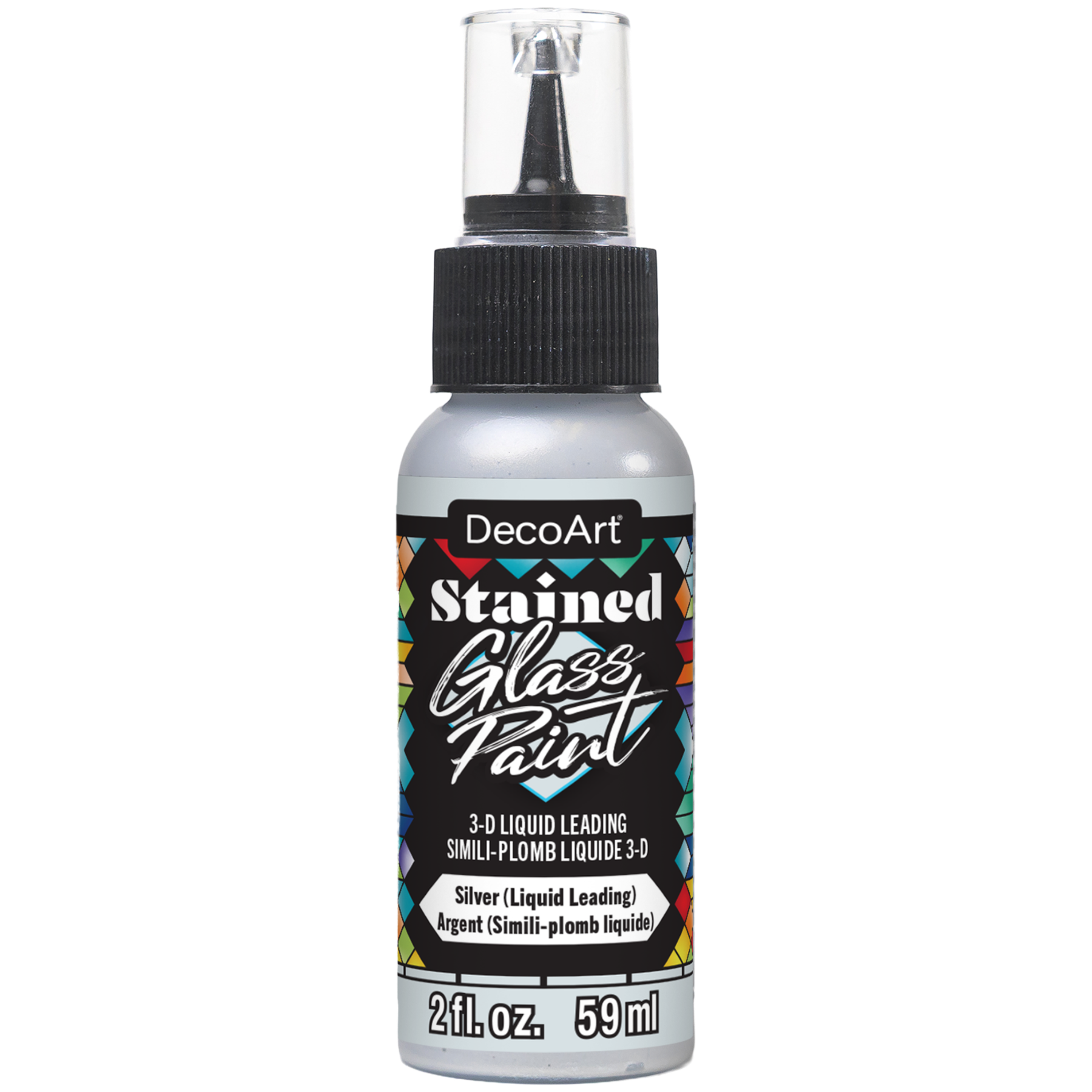 DecoArt stained glass paint 3-D liquid leadings in a clear tube, used for creating raised outlines and decorative glass art.
