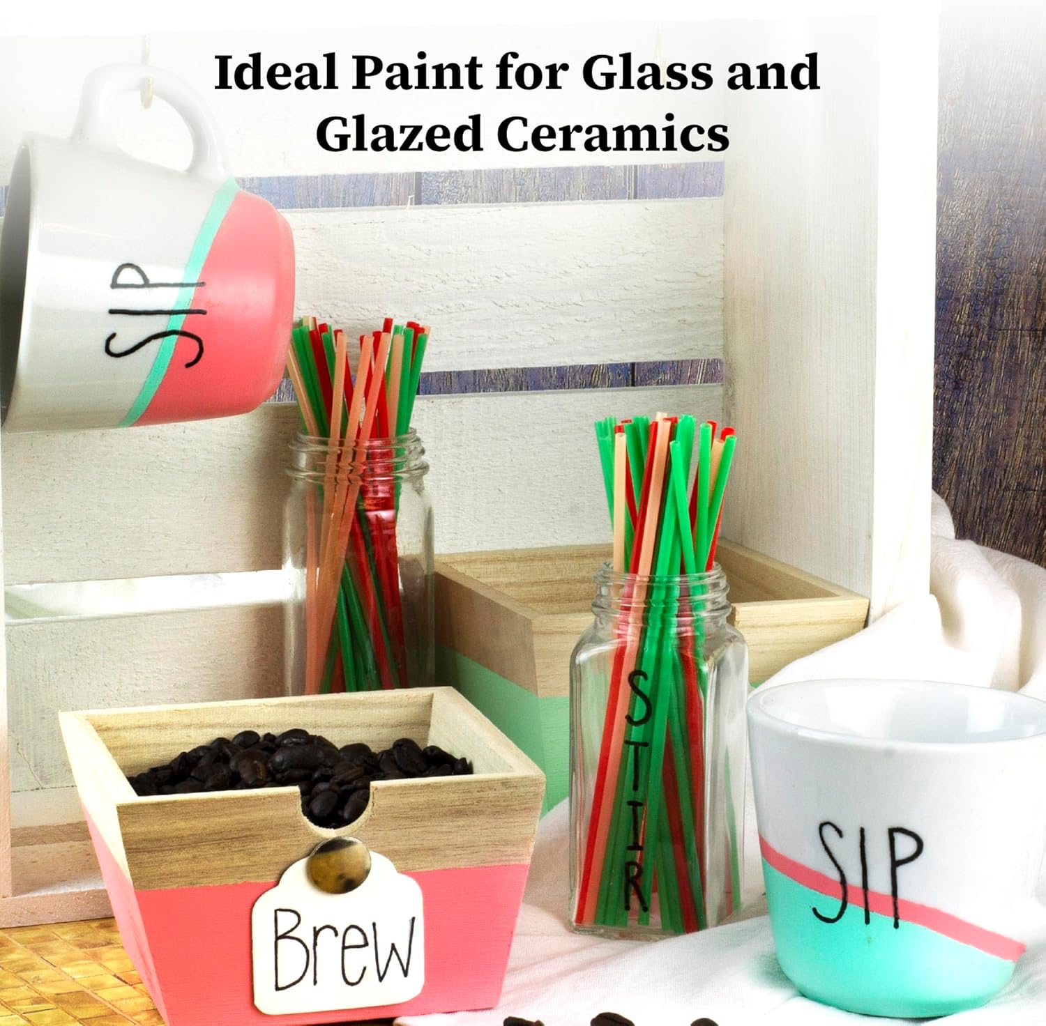 DecoArt glass paint set with nine opaque 2 fl oz bottles of acrylic paint for glass and ceramic surfaces.