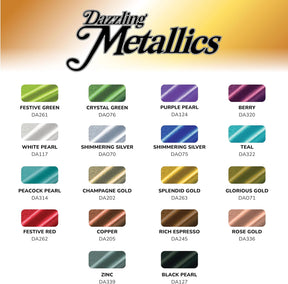 DecoArt Dazzling Metallics Fan Favorite Paint Set with 18 vibrant metallic acrylic paints on a white background