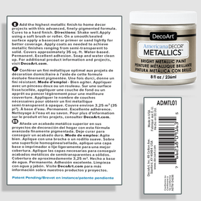 DecoArt Americana Decor Metallics Pearl paint information sheet with product details and color reference