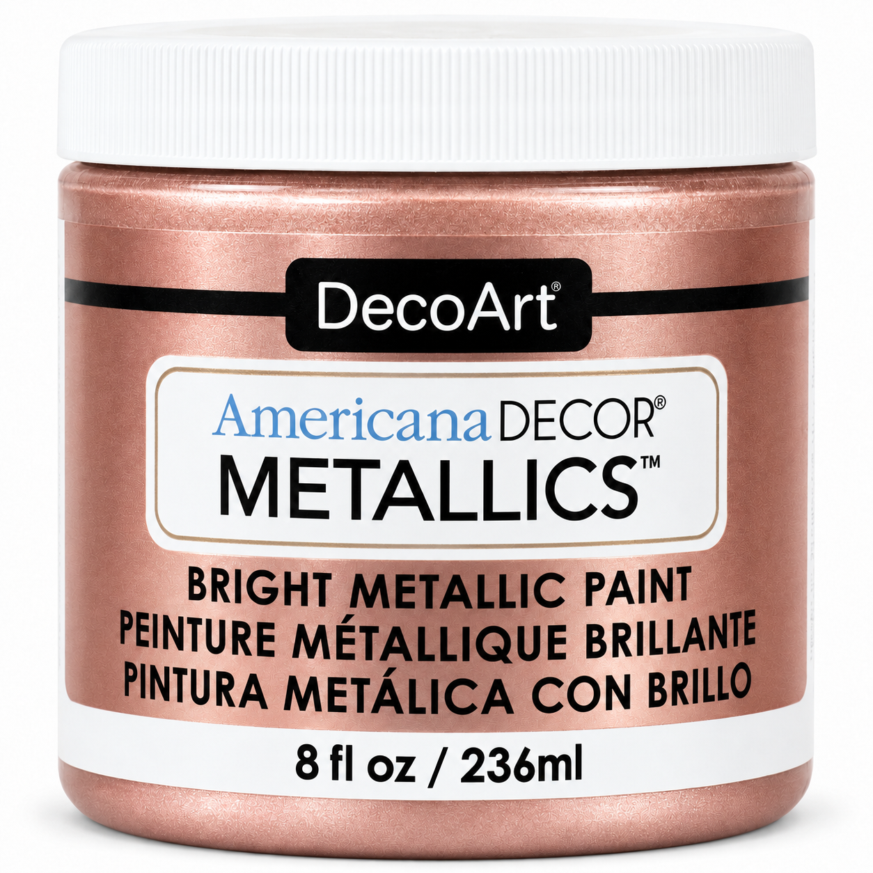 DecoArt Americana Decor Metallics Rose Gold paint bottle and swatch display