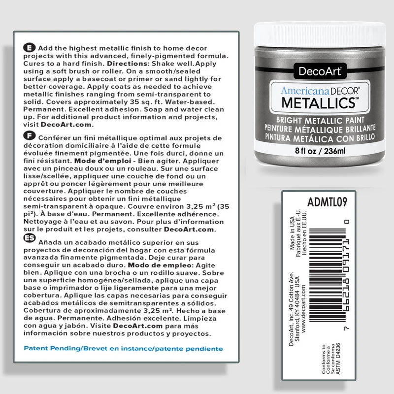 DecoArt Americana Decor Metallics Tin information sheet with product details and application instructions