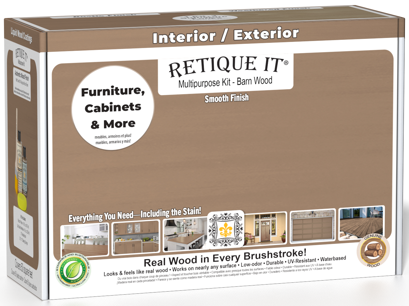 Retique It® Wood'n Finish Kit in Barn Wood with smooth matte top coat, designed for exterior wood projects.