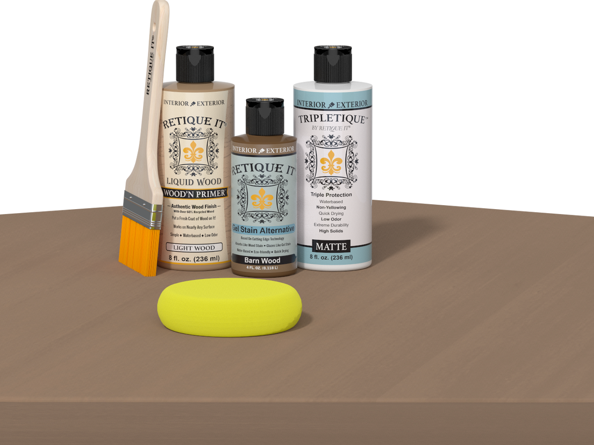 Retique It® Wood'n Finish Kit in barn wood for interior top coat with smooth finish, shown on a table application sample.
