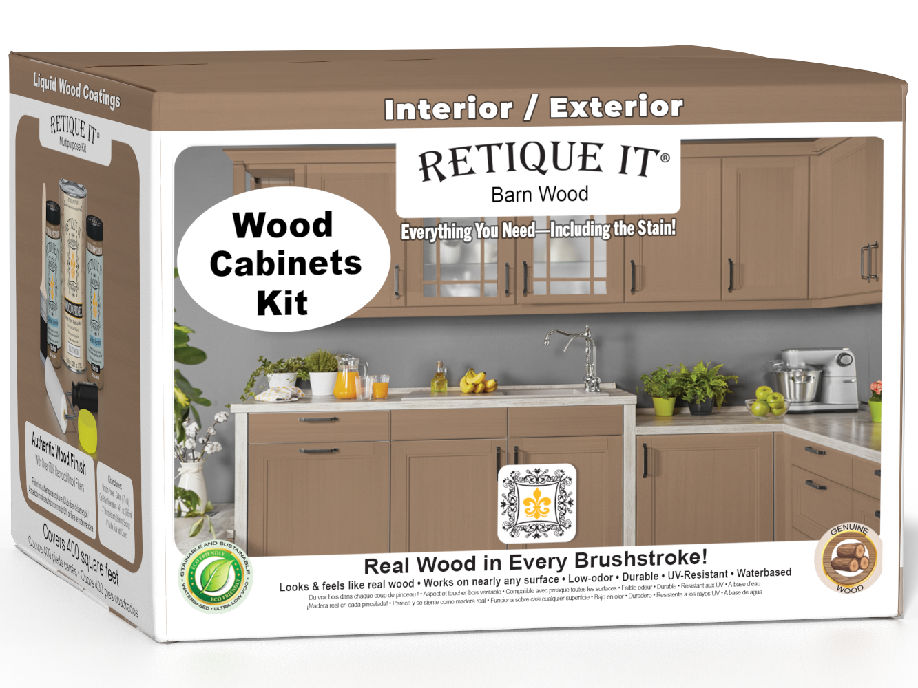 Retique It® Wood'n Cabinet Kit with 48 barn wood doors, smooth finish, stain options, shown in a 3D cabinet box.