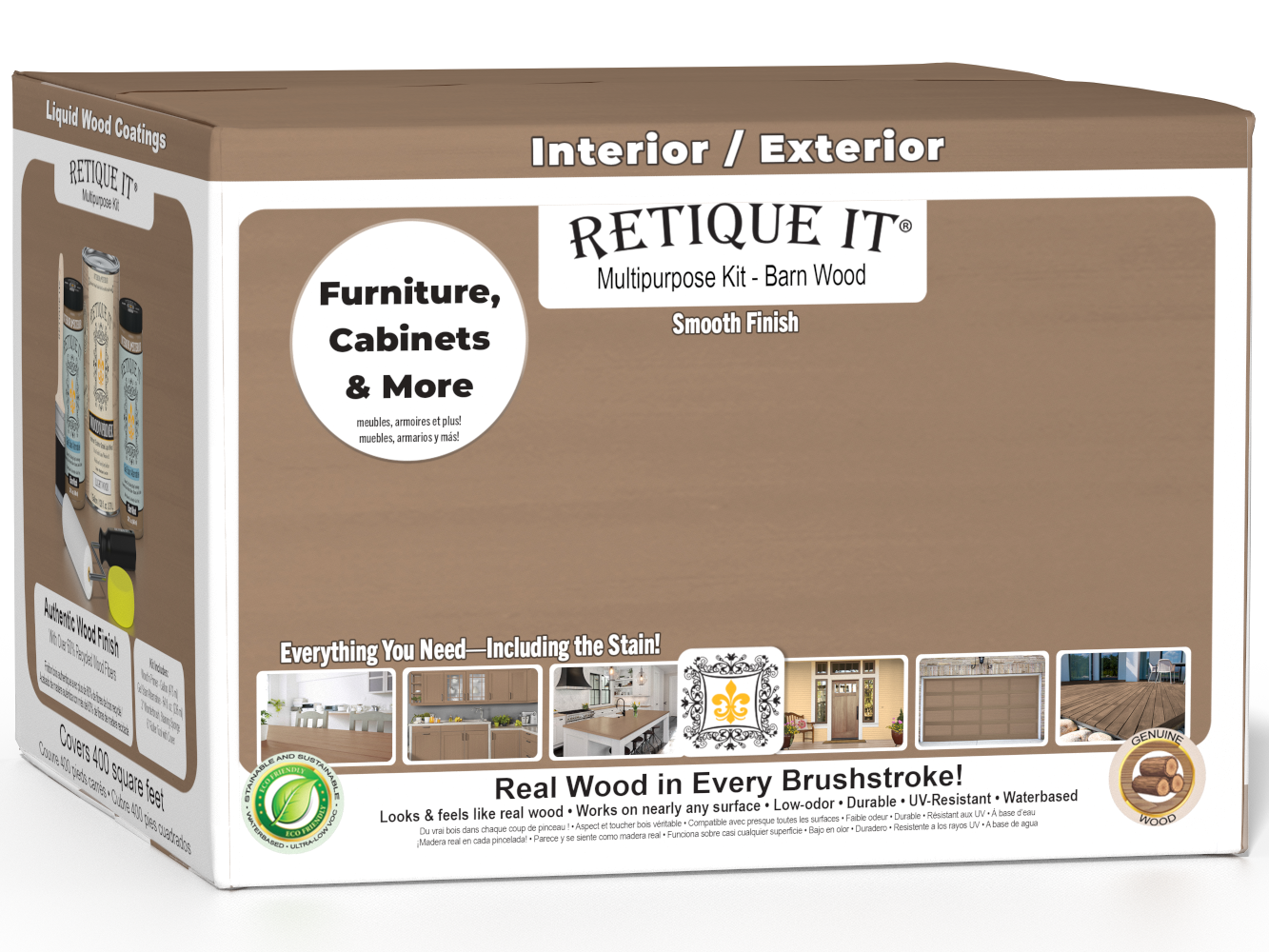 Retique It® Multi-purpose Smooth Finish Kit in barn wood color, exterior top coat wood finishing kit with four large containers.