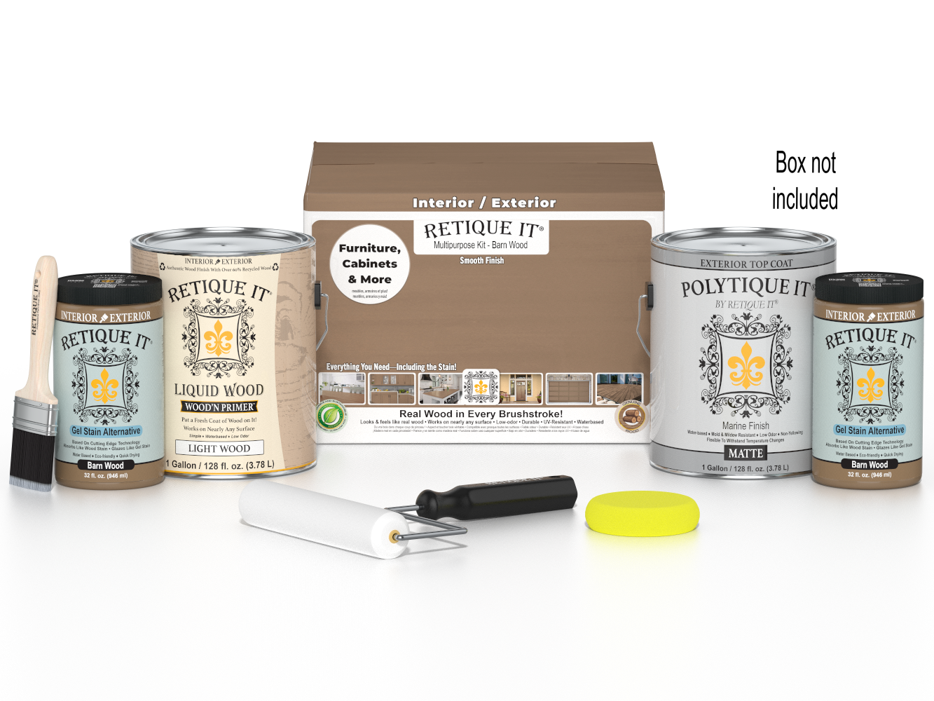 Retique It® Wood'n Finish Kit with 4 large barn wood exterior top coats for smooth, durable wood finish application.