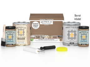 Retique It® Multi-purpose Smooth Finish Kit in barn wood for exterior top coating, includes four large wood finish containers and applicator tools.
