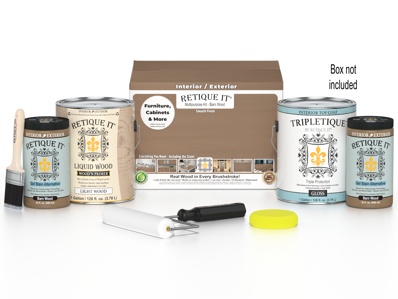 Retique It® Wood'n Finish Kit with four large barn wood top coats for smooth interior wood finishing, shown in a box.
