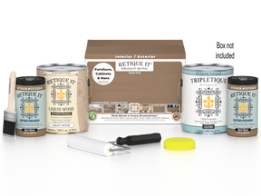 Retique It® Wood'n Finish Kit with four large barn wood top coats for smooth interior wood finishing, shown in a box.