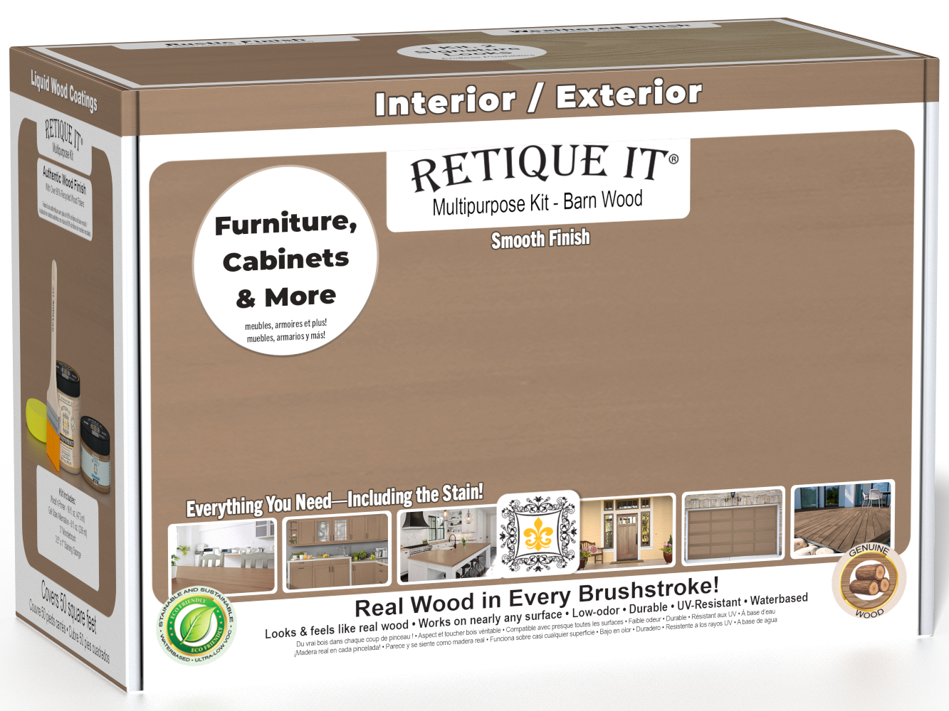 Retique It® Multi-purpose Smooth Finish Kit in Barn Wood, interior top coat with glossy finish, includes wood finish components and tools.