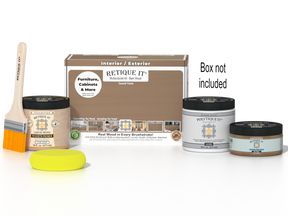 Retique It® Multi-purpose Smooth Finish Kit in Barn Wood for exterior wood projects, includes top coat and applicator tools.