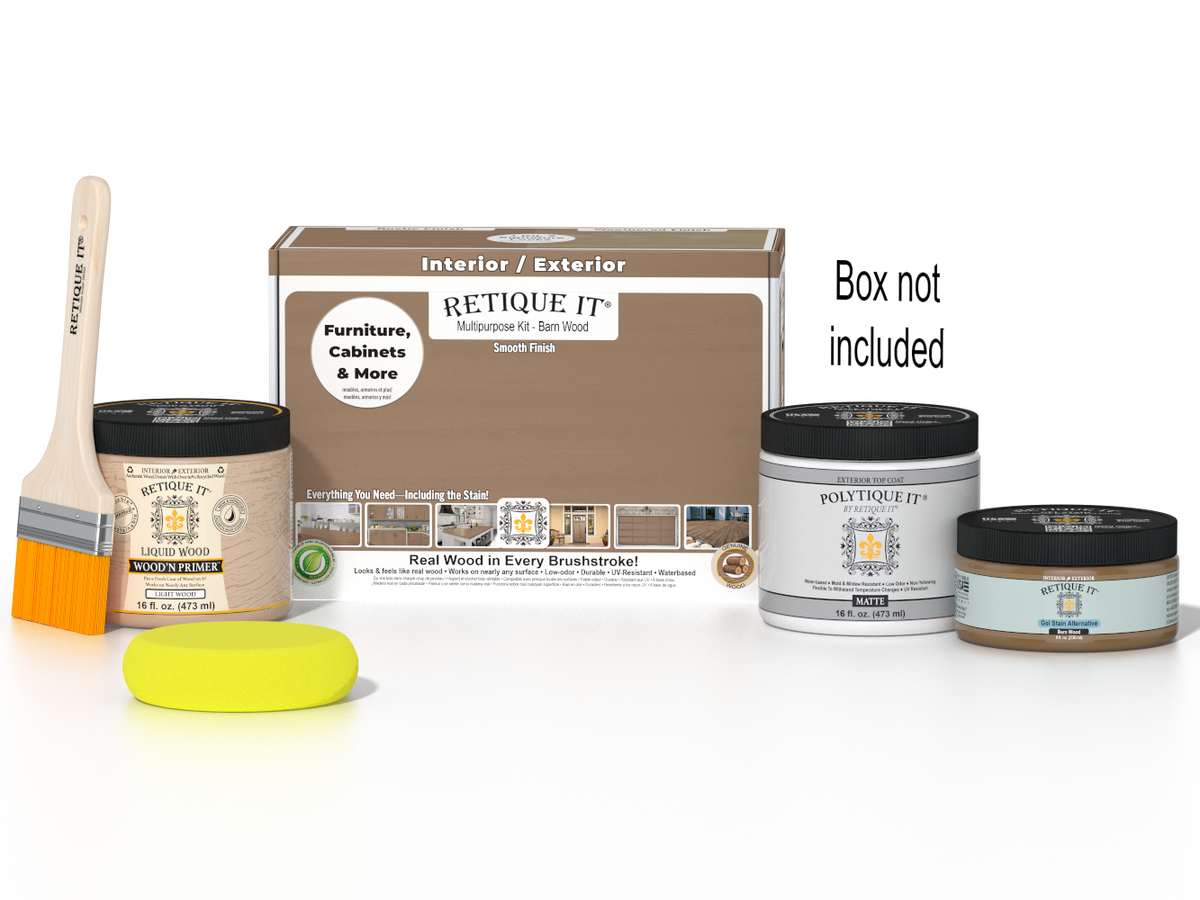 Retique It® Wood'n Finish Kit in Barn Wood, multi-purpose smooth finish top coat for exterior wood projects, includes application tools.