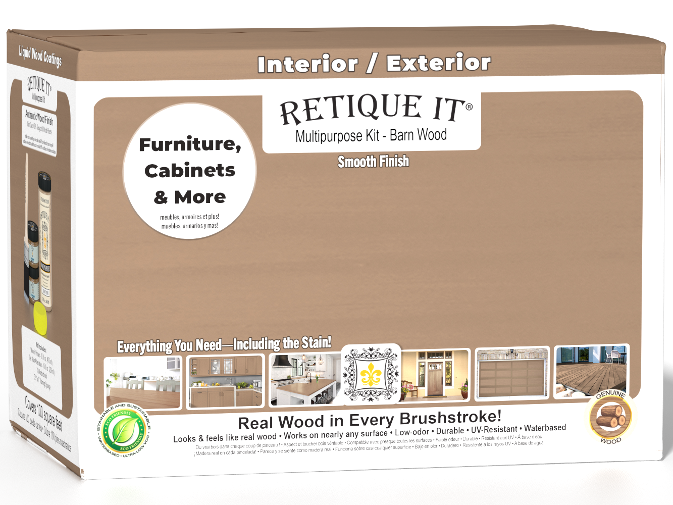 Retique It® Multi-purpose Smooth Finish Kit for Barn Wood interior top coat, includes four large wood finish containers.