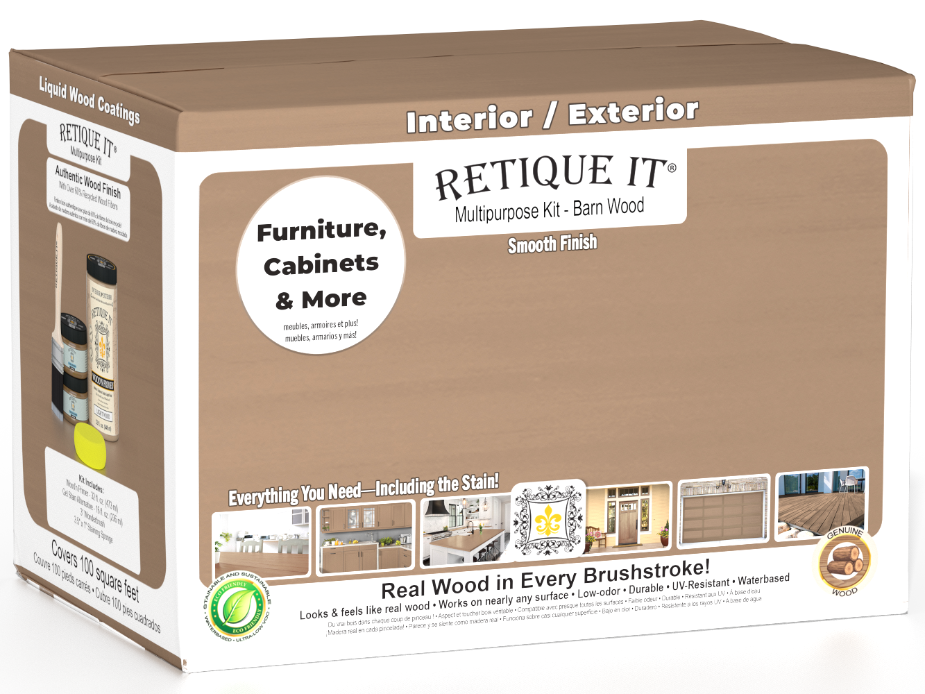 Large Barn Wood Multi-purpose Smooth Finish Kit by Retique It® for interior top coat with matte finish on wood surfaces.