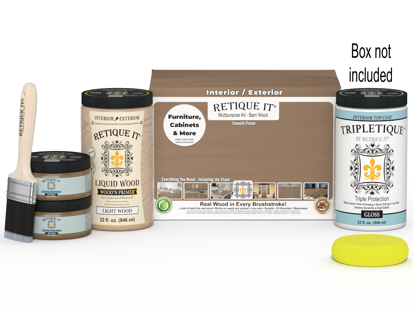 Large Barn Wood Multi-purpose Smooth Finish Kit by Retique It® with interior top coat in gloss, including wood finish components and tools.