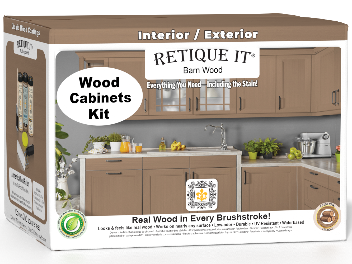 Retique It® Wood'n Cabinet Kit with 24 smooth barn wood doors, stain finish, shown in a 3D cabinet box image.