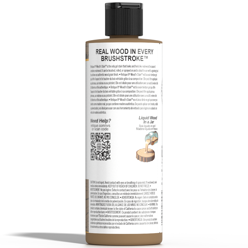 Retique It Liquid Wood Wood'n Stain in Barn Wood color, 8 oz, showcasing the stain's rich, natural wood finish and bottle details.