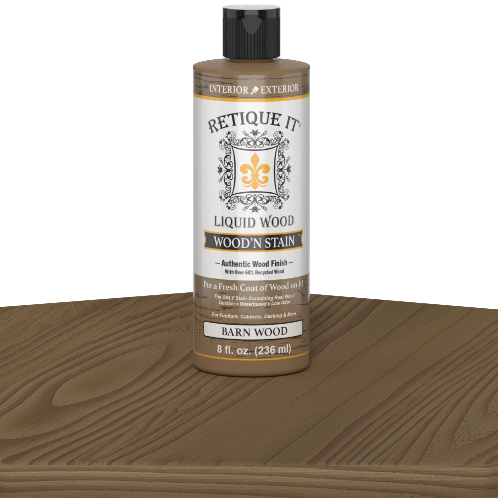 Retique It Liquid Wood Wood'n Stain in 8 oz Barn Wood color showing a wood sample with rich, natural wood stain finish.