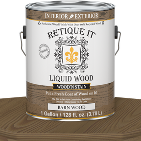 Liquid Wood Wood'n Stain by Retique It in Barn Wood finish, 128 oz, showcasing the stain's rich wood tone and smooth application.