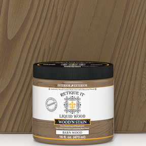 Retique It Liquid Wood Wood'n Stain in 16 oz Barn Wood color, showcasing the stain applied to wood surface for a rustic finish.