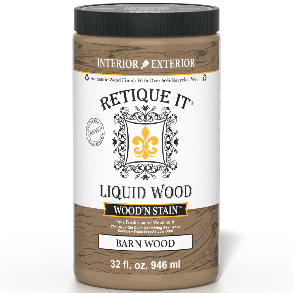 Liquid Wood Wood'n Stain by Retique It in barn wood color, 32 oz bottle, showcasing the stain's rich, natural wood finish.