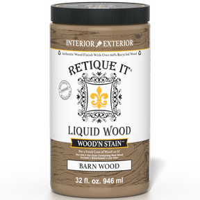 Liquid Wood Wood'n Stain by Retique It in barn wood color, 32 oz bottle, showcasing the stain's rich, natural wood finish.