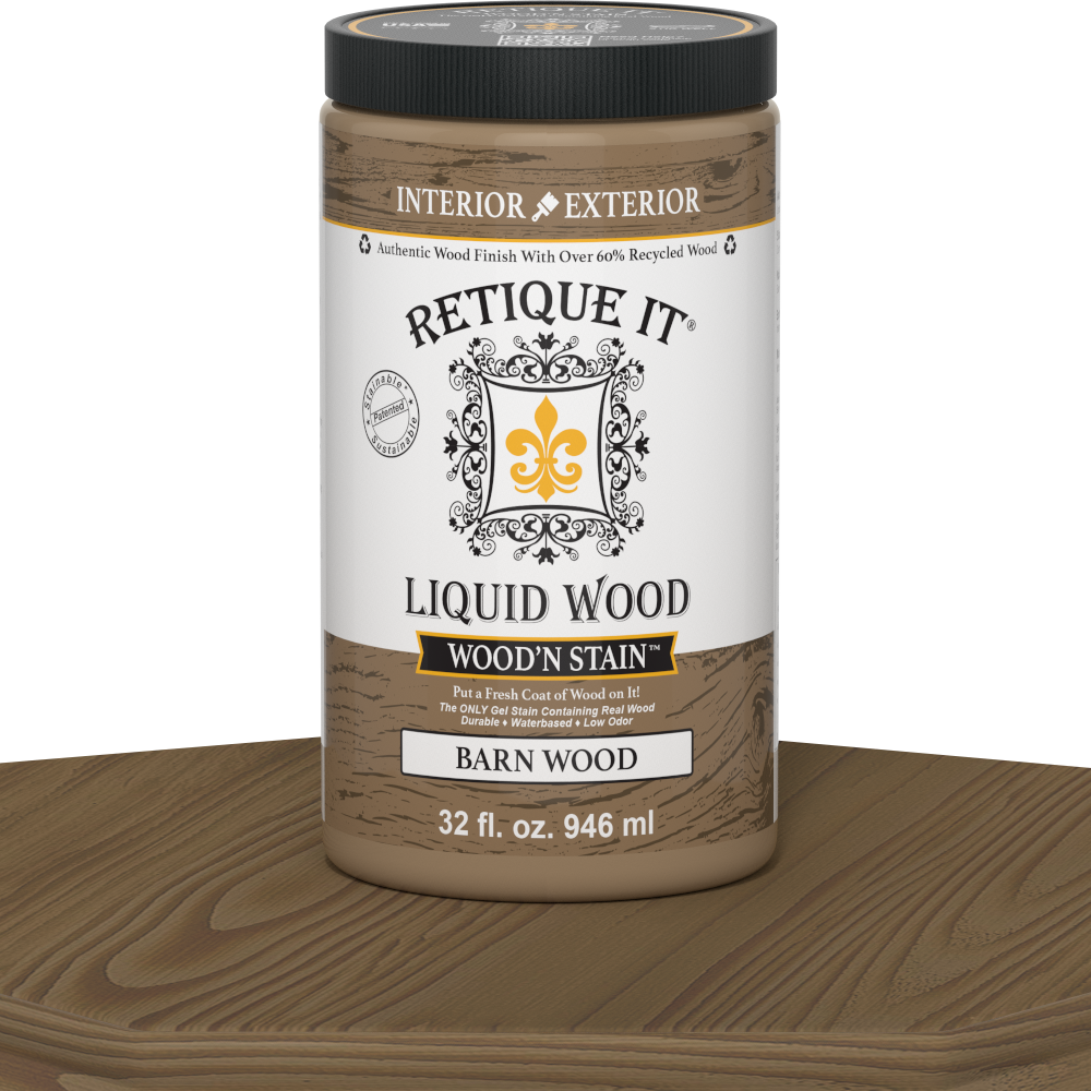 Liquid Wood Wood'n Stain by Retique It in barn wood color, 32 oz bottle, showcasing the stain's rich, natural wood finish.