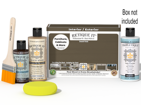 Retique It Black Walnut Kit with box, Matte Tripletique, Light Wood Wood'n Primer, Black Walnut Gel Stain Alternative, paintbrush, and yellow sponge.