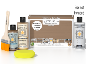Retique It Barn Wood Kit with box, Light Wood Wood'n Primer, Barn Wood Gel Stain Alternative, Matte Polytique It topcoat, paintbrush, and yellow sponge.