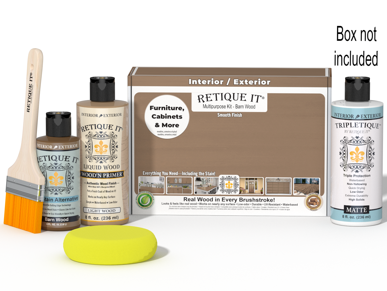 Retique It wood finish kit with a brown box, two bottles of liquid wood finish, a brush, a yellow sponge, and a bottle of Tripletique Matte protection, shown on a white background with text reading 'Box not included'.
