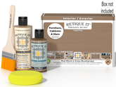 A product kit for wood finish retreating, featuring two bottles of RETIQUE IT Liquid Wood (one Light Wood, one Barn Wood), a brush, and a yellow sponge, alongside a brown product box. A text overlay in the top right corner reads 'Box not included'.