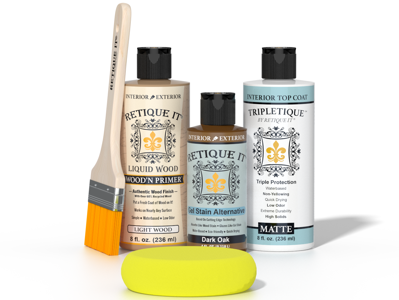 Retique It® Light Wood Wood’n Primer with Dark Oak Gel Stain Alternative, matte topcoat, brush, and yellow sponge on a dark tabletop.