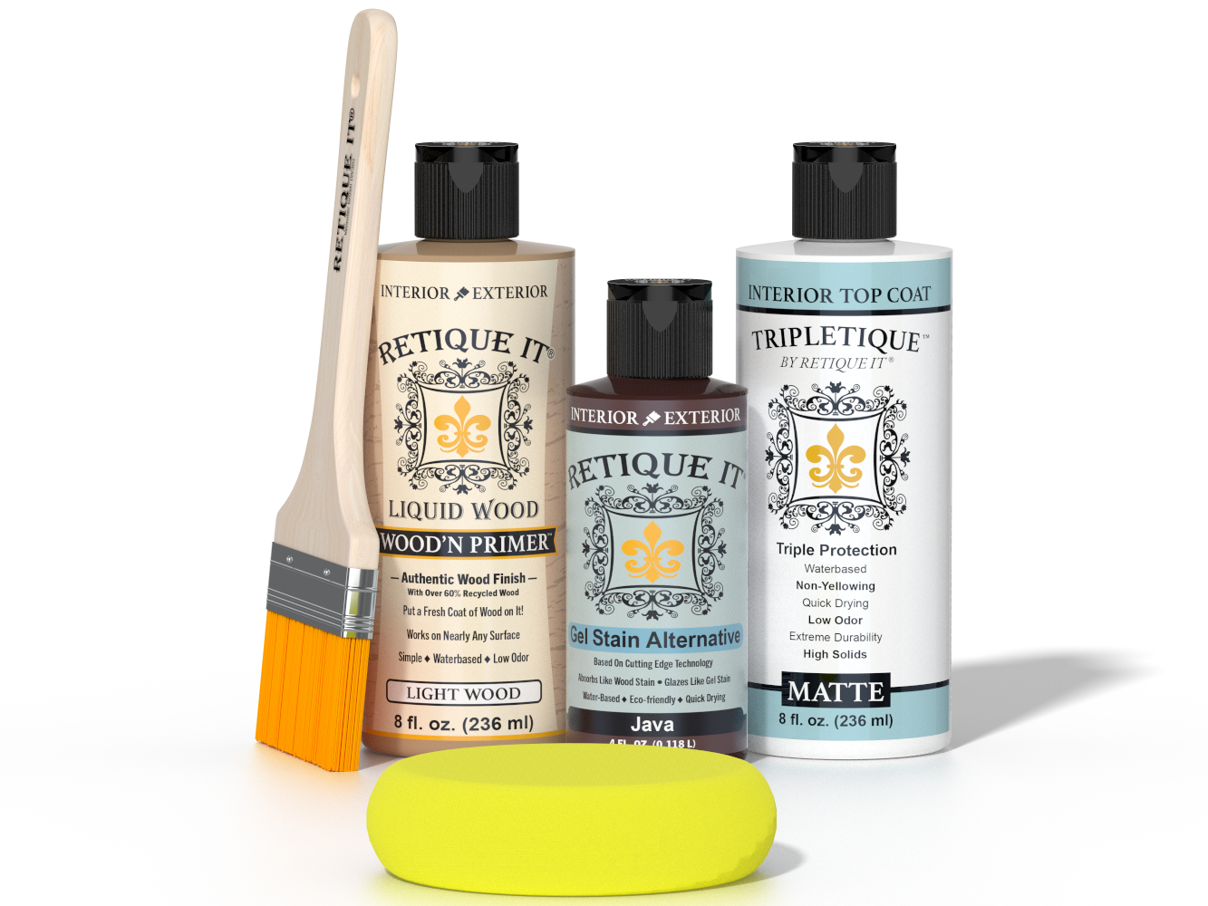 Retique It® Light Wood Wood’n Primer with Java Gel Stain Alternative, matte topcoat, brush, and yellow sponge.
