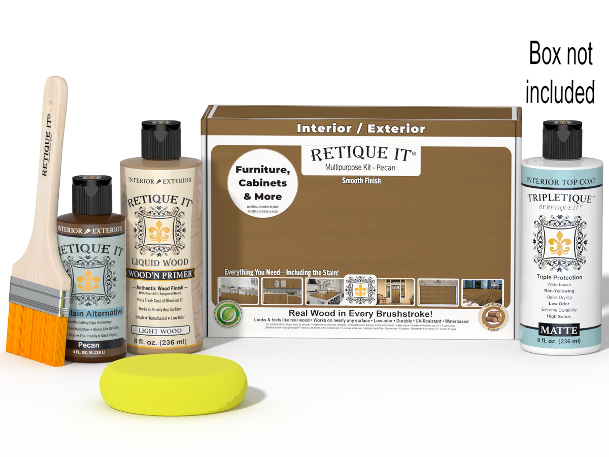 Retique It® Pecan Multipurpose Kit with Light Wood Liquid Wood primer, Pecan gel stain alternative, Tripletique matte interior top coat, paintbrush, and yellow sponge displayed with the product box.