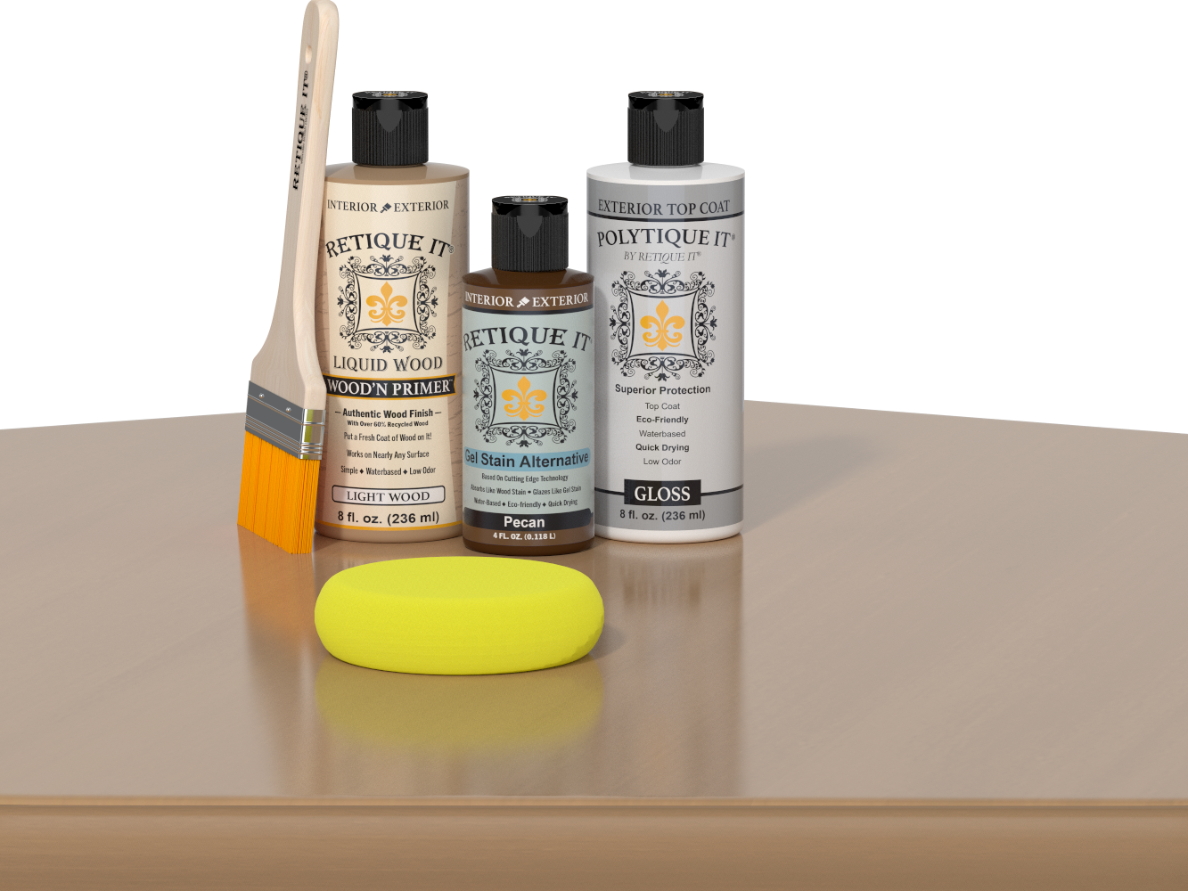 Retique It® Pecan Multipurpose Kit contents with Light Wood Liquid Wood primer, Pecan gel stain alternative, PolyTique It® gloss exterior top coat, paintbrush, and yellow sponge displayed on a wood surface.