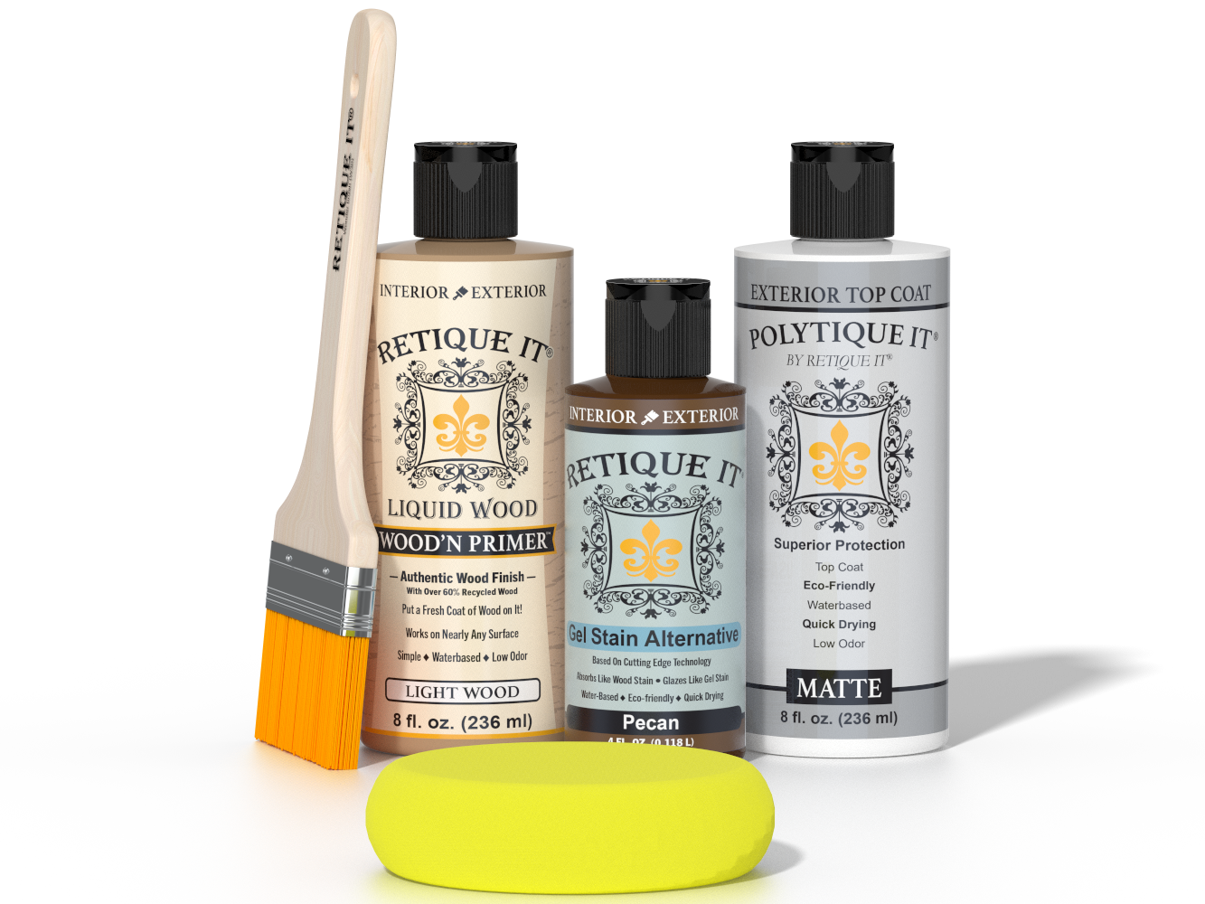 Retique It® Pecan Multipurpose Kit contents with Light Wood Liquid Wood primer, Pecan gel stain alternative, PolyTique It® matte exterior top coat, paintbrush, and yellow sponge.