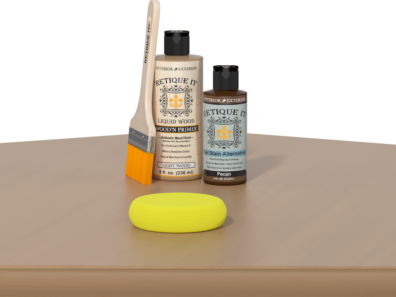 Retique It® Dark Pecan Kit with Light Wood’n Primer, Pecan Gel Stain Alternative, paintbrush, and yellow sponge on a wood tabletop.
