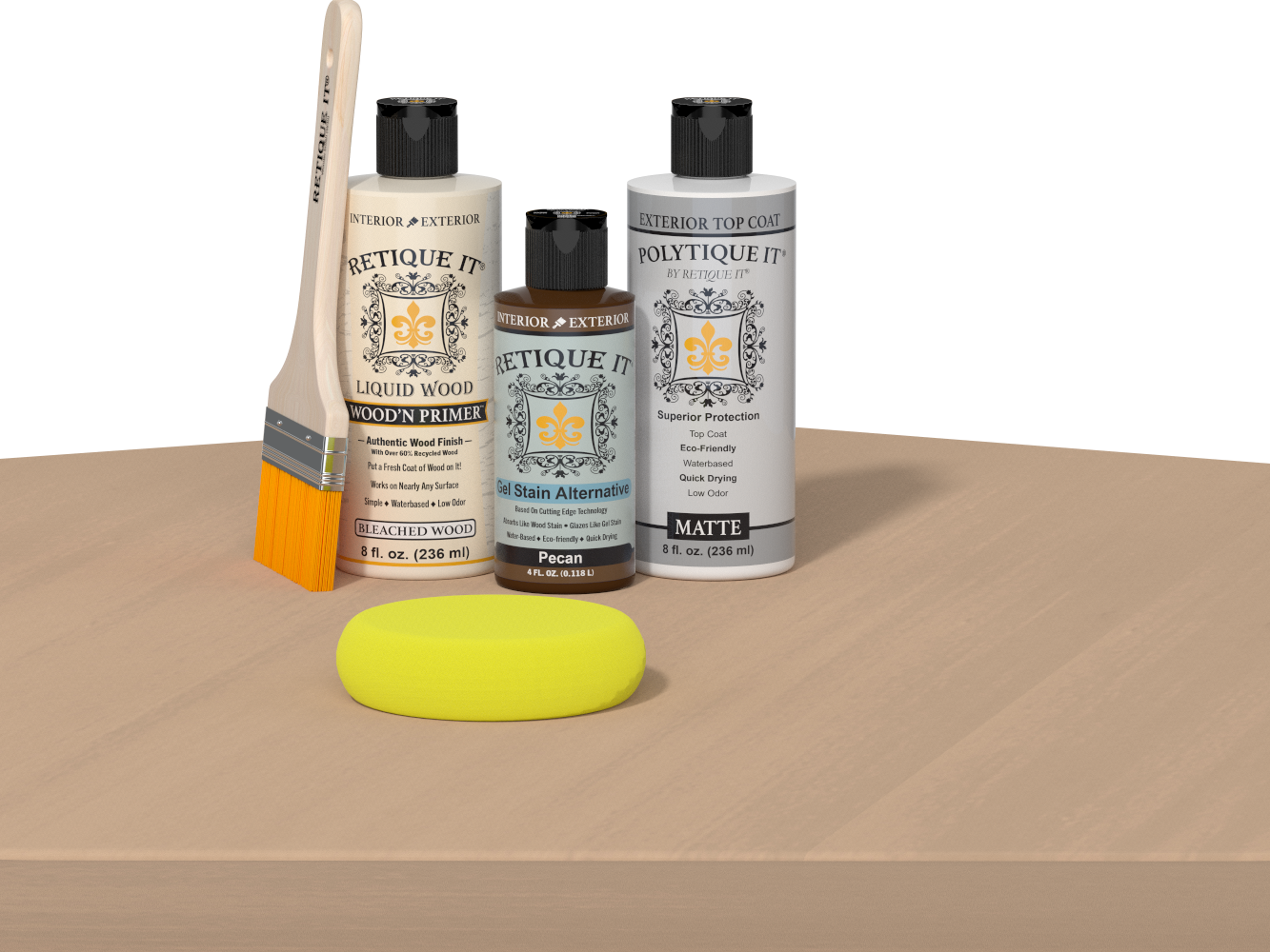 Retique It® Pecan Multipurpose Kit contents with Bleached Wood Liquid Wood primer, Pecan gel stain alternative, PolyTique It® matte exterior top coat, paintbrush, and yellow sponge displayed on a light wood surface.