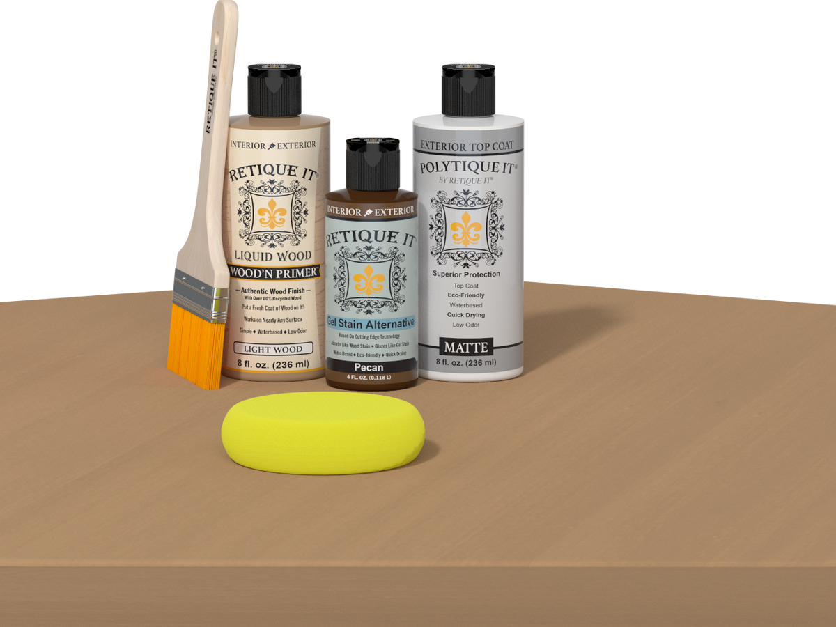 Retique It® Pecan Multipurpose Kit contents with Light Wood Liquid Wood primer, Pecan gel stain alternative, PolyTique It® matte exterior top coat, paintbrush, and yellow sponge displayed on a wood surface.