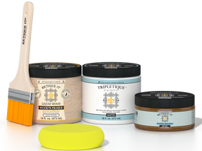 Retique It® Dark Oak Multipurpose Kit contents with Liquid Wood primer, Dark Oak gel stain alternative, Tripletique matte interior top coat, paintbrush, and yellow sponge.